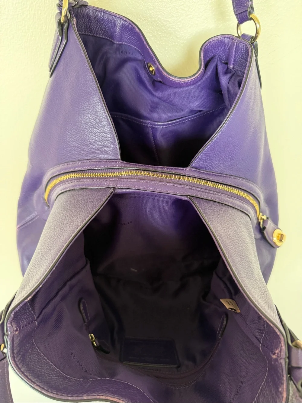 COACH Edie Turnlock Purple Gold Large Pebbled Leather Triple Hobo Shoulder Bag